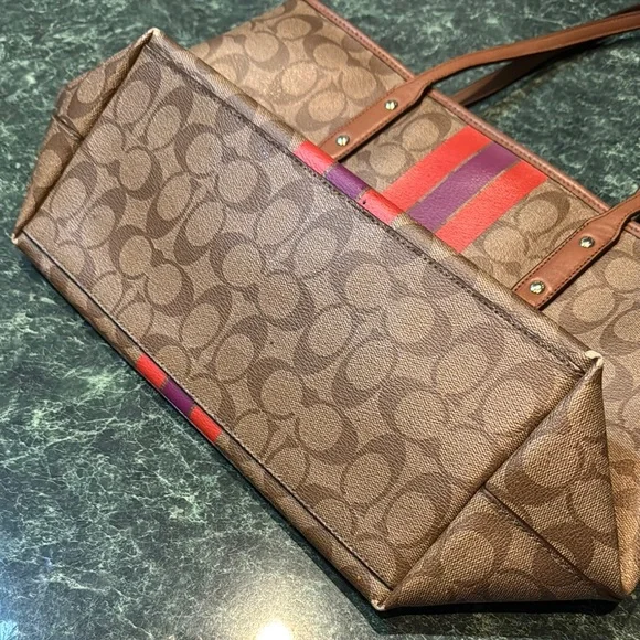 Coach Brown and Red Signature Tote with Leather Handles - Picture 4 of 8